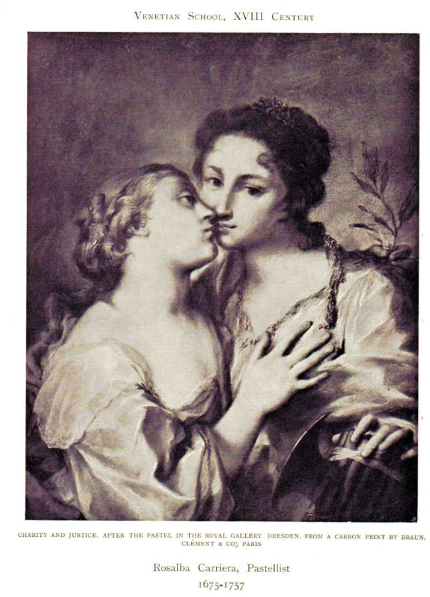 Plakat mit zwei Frauen, eine küsst die andere, mit Text unten: 'Barmherzigkeit und Gerechtigkeit nach dem Pastell in der Königlichen Galerie, Dresden, aus einem Kohleabdruck von Braun'