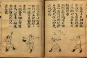 Ein aufgeschlagenes Buch mit chinesischer Schrift und Illustrationen von Menschen in Kampfsportposen.