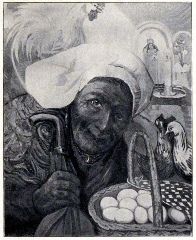 Alte Frau mit einem Korb Eier umgeben von Hennen, mit Text unten.