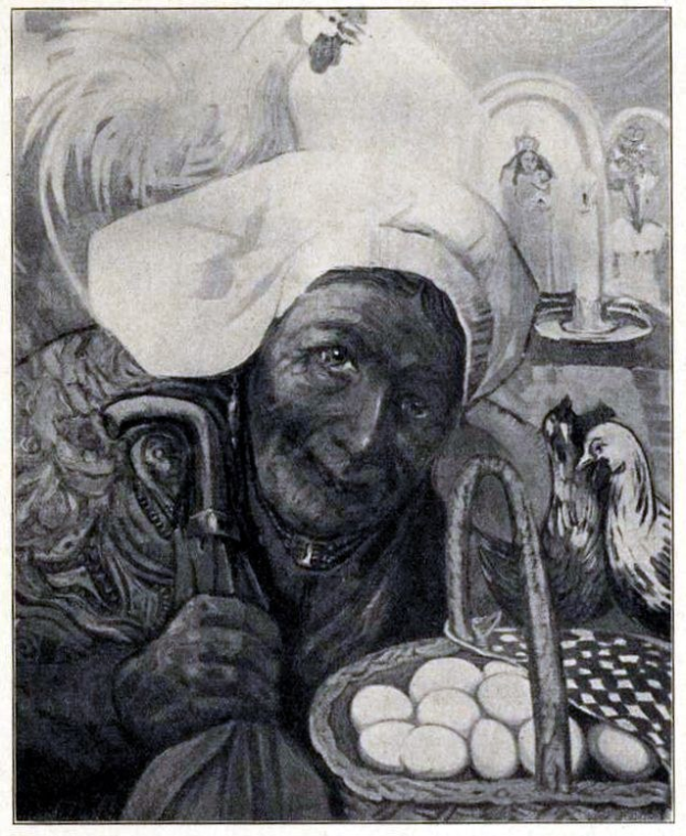 Alte Frau mit einem Korb Eier umgeben von Hennen, mit Text unten.