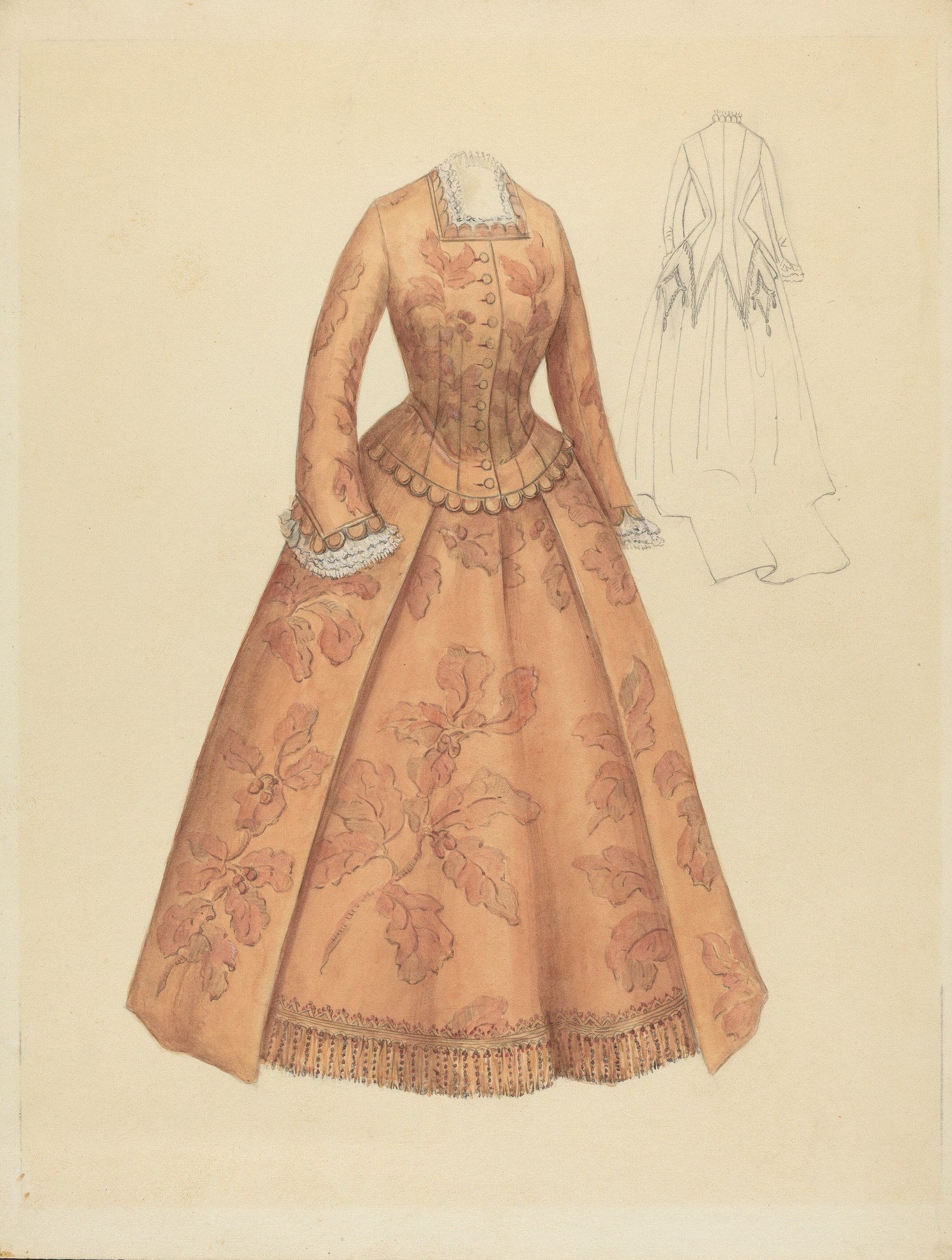 Eine detaillierte Zeichnung eines Kostümdesigns aus dem 18. Jahrhundert mit einem langen, hochgeschlossenen Kleid mit einem floral gemusterten Mieder in Rosa, Lila und Blau, einem bodenlangen Rock mit Spitzenbesatz und einem hellblauen Hintergrund.