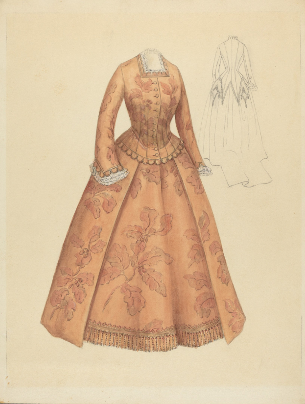 Eine detaillierte Zeichnung eines Kostümdesigns aus dem 18. Jahrhundert mit einem langen, hochgeschlossenen Kleid mit einem floral gemusterten Mieder in Rosa, Lila und Blau, einem bodenlangen Rock mit Spitzenbesatz und einem hellblauen Hintergrund.