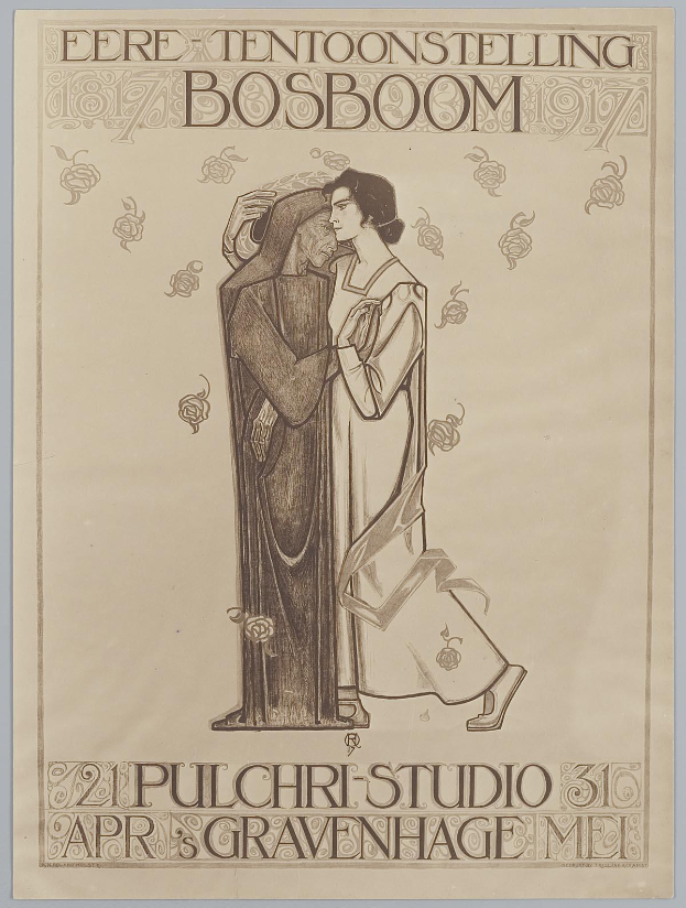 Ein Konzertplakat, das einen Mann in einem Anzug und eine Frau in einer Schürze zeigt, die Seite an Seite stehen und beide ernst schauen.