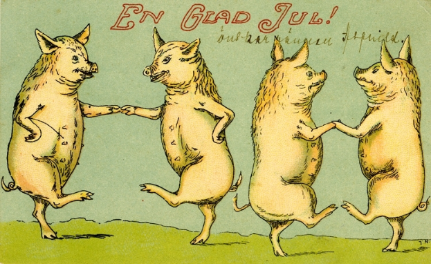 Ein altes Postkartenmotiv mit drei tanzenden Schweinen