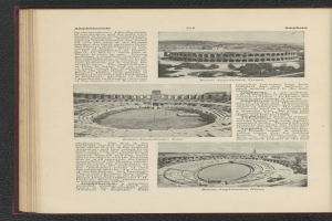 Offenes Buch mit Stadionbild und zusätzlichen Fotos