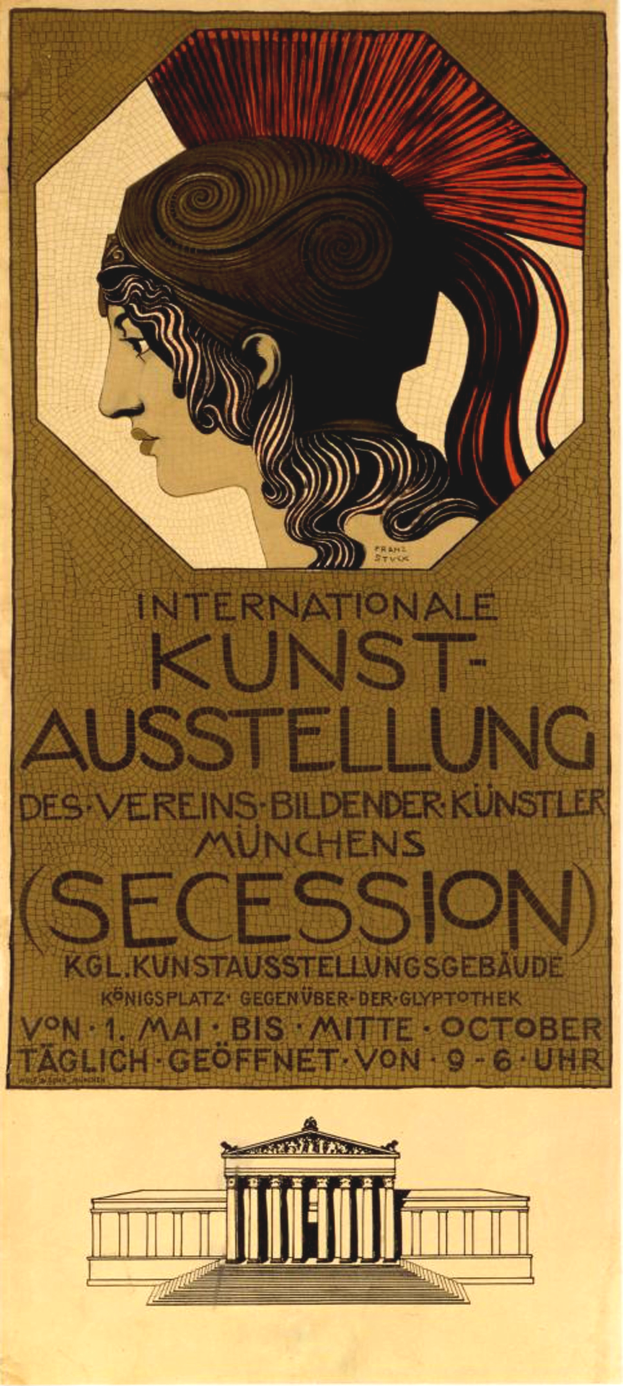 Ein Plakat für die Internationale Kunstausstellung in München, Deutschland, das eine Frau mit einem menschlichen Gesicht in der Mitte und Text, der eventuelle Informationen enthält, zeigt.