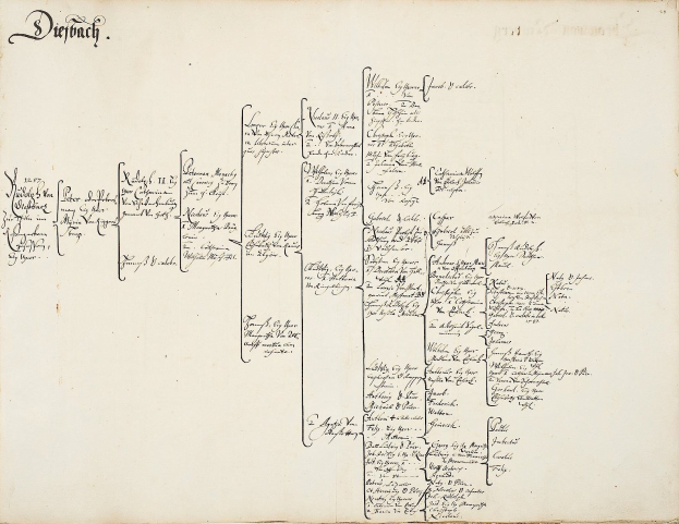 Offenes Buch mit handgeschriebener genealogischer Familiengeschichte.