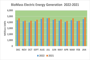 Diagramm, das die Entwicklung der elektrischen Energieerzeugung aus Biomasse von 2021 bis 2022 zeigt, mit begleitendem Text.