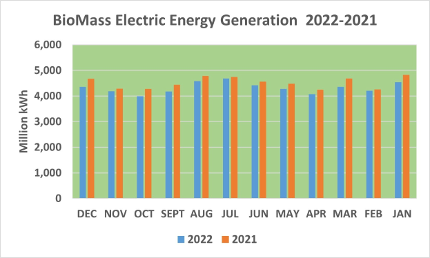 Diagramm, das die Entwicklung der elektrischen Energieerzeugung aus Biomasse von 2021 bis 2022 zeigt, mit begleitendem Text.