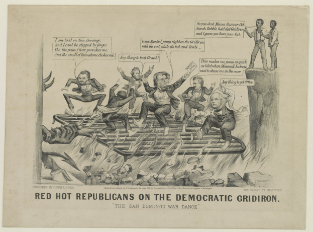 Eine Zeichnung auf Papier zeigt rote Figuren, die als 'Republikaner' auf einem blauen Gridiron, das als 'demokratisch' bezeichnet wird, mit übertriebenen wütenden Gesichtern und erhobenen Armen, begleitet von fetter schwarzer Schrift.