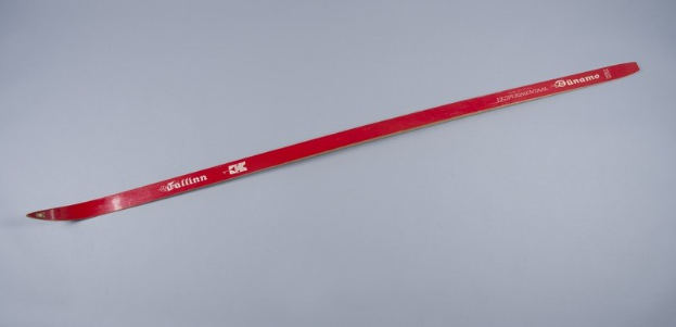 Rote Skier mit Text darauf auf einer weißen Fläche.