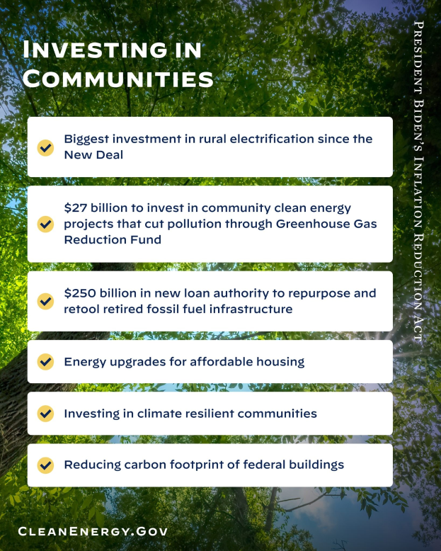 Plakat mit Bäumen und Himmel im Hintergrund, das Text über Investitionen in ländliche Elektrizität als die größte Investition seit dem New Deal enthält.
