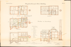 Ein altes Buch mit einer Zeichnung des Königliche Hermwerk Berlin-Baklberg-Gebäudes, das detaillierte Pläne und Text enthält.