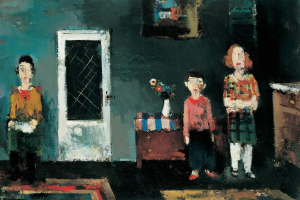 Gemälde von drei Kindern, die in einem Raum mit einem Blumenstrauß auf dem Tisch, einer Tür, einem Foto Rahmen an der Wand und einem Teppich auf dem Boden stehen.