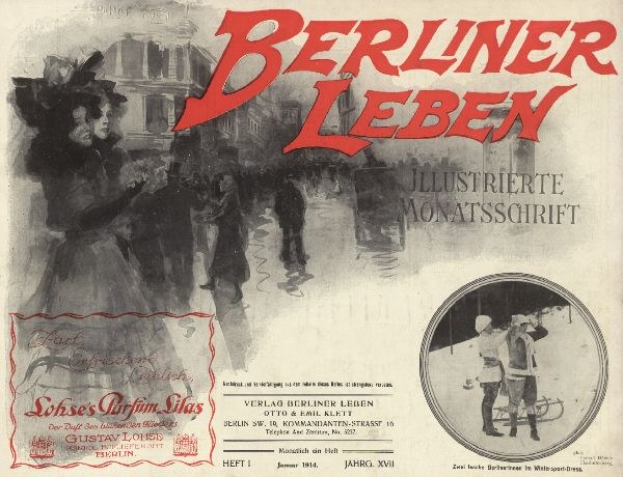 Cover eines alten Buches mit dem Titel "Berliner Leben" mit einer Illustration von Menschen in traditioneller deutscher Tracht, die wahrscheinlich die kulturelle Geschichte Berlins darstellen.