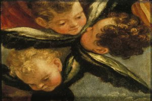 Ein Bild von drei Kindern in einem Raum, mit einem Baby in der Mitte, das friedlich nach oben schaut, eingerahmt von zwei älteren Kindern, die bewundernd nach unten schauen, alles in einem klassischen Foto Rahmen mit gedämpften, erdigen Farben.