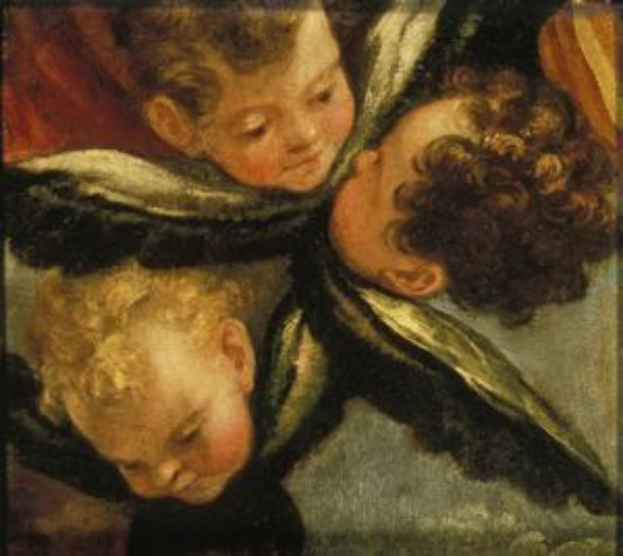 Ein Bild von drei Kindern in einem Raum, mit einem Baby in der Mitte, das friedlich nach oben schaut, eingerahmt von zwei älteren Kindern, die bewundernd nach unten schauen, alles in einem klassischen Foto Rahmen mit gedämpften, erdigen Farben.