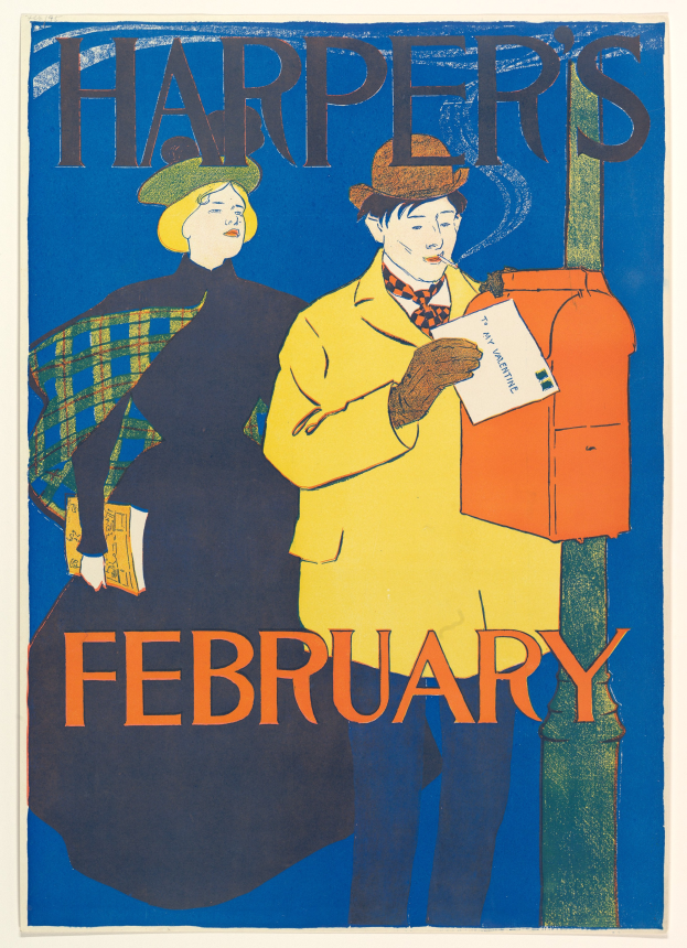 Ein Plakat für Harpers Februar, das einen Mann mit einem Blatt Papier und eine Frau mit einem Lächeln zeigt, mit Text, der ein Ereignis beschreibt.