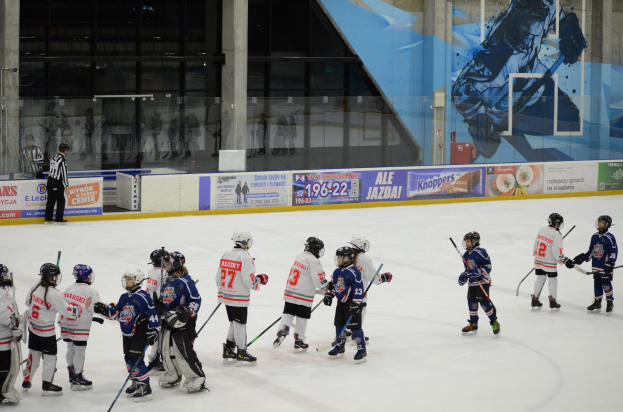 Eine Gruppe junger Menschen, die Eisockey auf einer Indoor-Eisbahn spielen, tragen Helme und halten Stöcke, mit einem Zuschauer links und Bannern, Säulen und Glaswänden im Hintergrund.