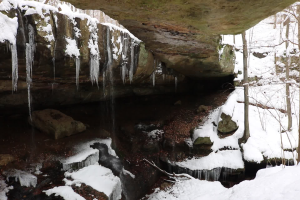 Ein kleiner Wasserfall ergießt sich eine schneebedeckte, felsige Klippe in einem bewaldeten Gebiet hinab, mit Eiszapfen, die von den Felsen hängen und schneebedeckten Bäumen im Hintergrund.