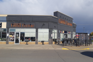 Ein Kaffeehaus an einer Straßenecke mit einer Straße im Vordergrund, einem Gebäude im Hintergrund, einigen Fahrzeugen, Bäumen und einem blauen und weißen Himmel.