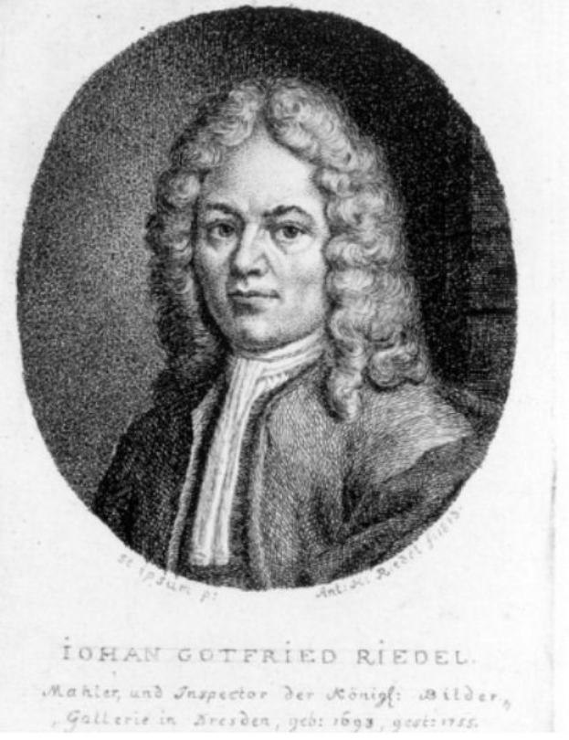 Schwarzes und weißes Porträt von Johann Gottfried Riedel, einem deutschen Komponisten mit langen Locken, mit dem Text «Gottfried RIEDEL» unten.