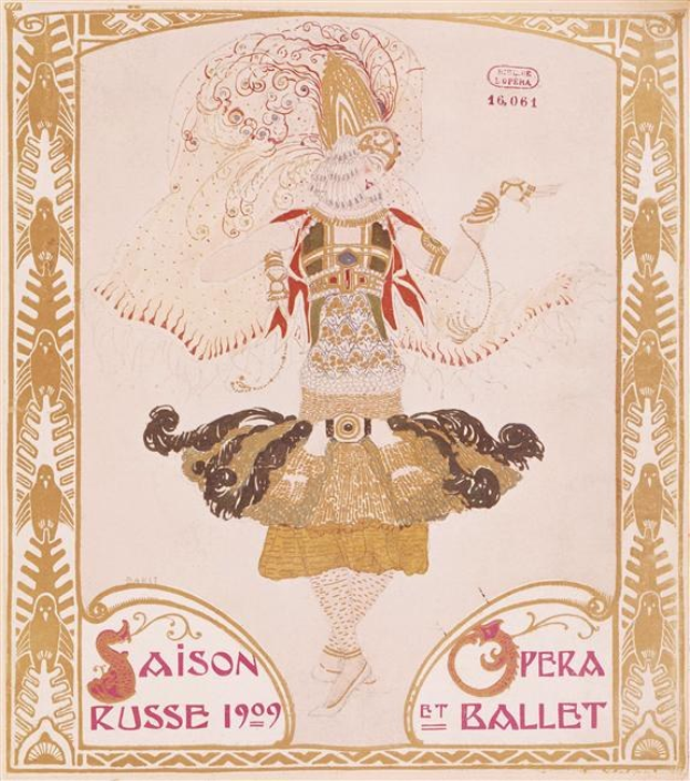Plakat für eine 1909er Pariser Ballettvorstellung mit dem Titel "Saison Russe", das eine gemalte Tänzerin in einer anmutigen Pose zeigt.