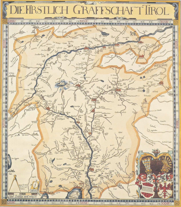 Plakat einer historischen Karte der ersten Grafschaft Tirol, das geografische Merkmale wie Flüsse, Berge und Städte sowie beschreibenden Text über die Region und ihre Bewohner zeigt.