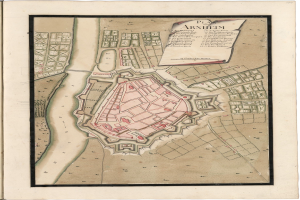 Altes Buch offenbart detaillierte Karte von Arnheim, Deutschland, mit sichtbaren Straßennamen, Gebäuden und Sehenswürdigkeiten, begleitet von beschreibendem Text.