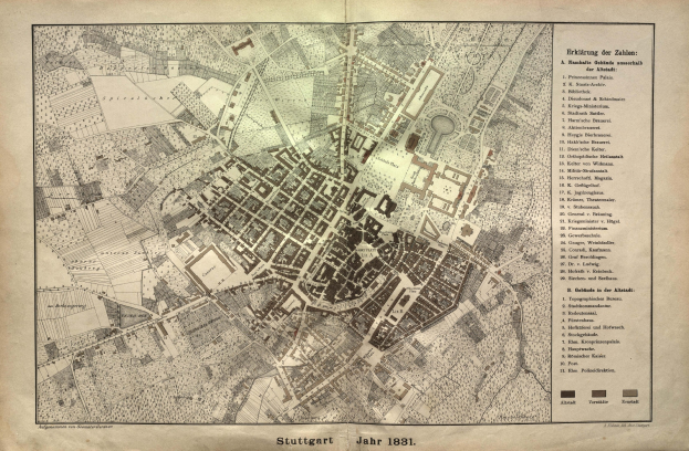 Detailreiche 1881-Karte von Stuttgart, Deutschland mit Textanmerkungen.