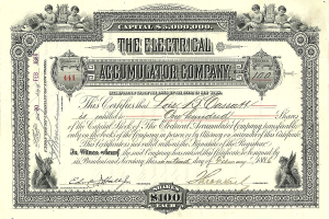 Elektrischer Akkumulator-Unternehmensaktienchein mit detaillierten Designs, Text 'The Electrical Accumulator Company' und numerischen Details.