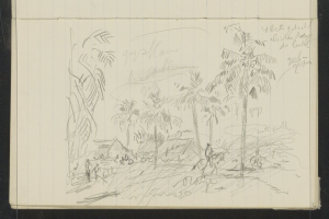 Ein offenes Skizzenbuch zeigt eine Zeichnung einer Gruppe von Menschen, die in einem üppigen, grünen Dschungel mit hohen Bäumen unter einem tiefblauen Himmel mit vereinzelten weißen Wolken und hellen Sonnenlicht stehen.