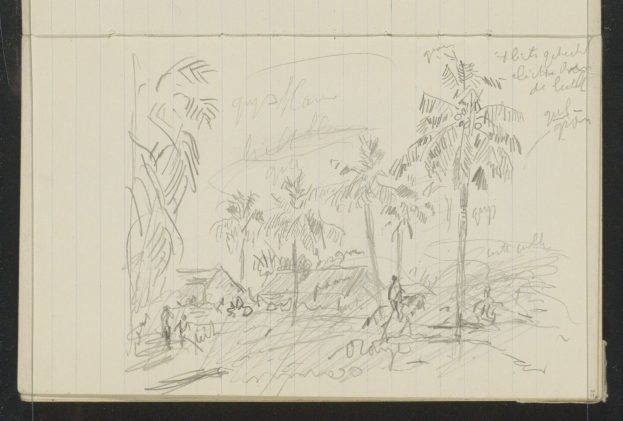 Ein offenes Skizzenbuch zeigt eine Zeichnung einer Gruppe von Menschen, die in einem üppigen, grünen Dschungel mit hohen Bäumen unter einem tiefblauen Himmel mit vereinzelten weißen Wolken und hellen Sonnenlicht stehen.