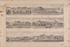 Eine handgezeichnete Hofszene mit der Aufschrift "Farm Residence of John M Cartney, La Prairie Marshall Co, Inc." auf altem Papier, umgeben von Häusern, Bäumen, Pflanzen, Gras und einer bewölkten Himmel.
