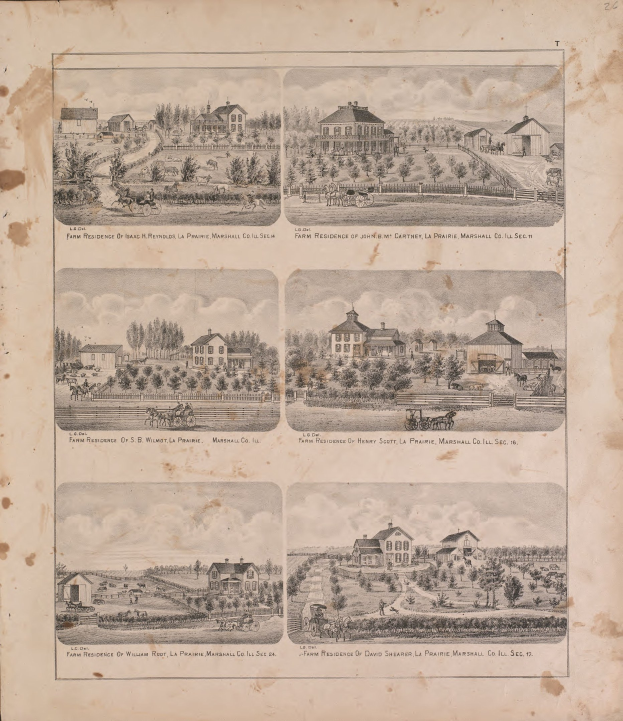 Eine handgezeichnete Hofszene mit der Aufschrift "Farm Residence of John M Cartney, La Prairie Marshall Co, Inc." auf altem Papier, umgeben von Häusern, Bäumen, Pflanzen, Gras und einer bewölkten Himmel.