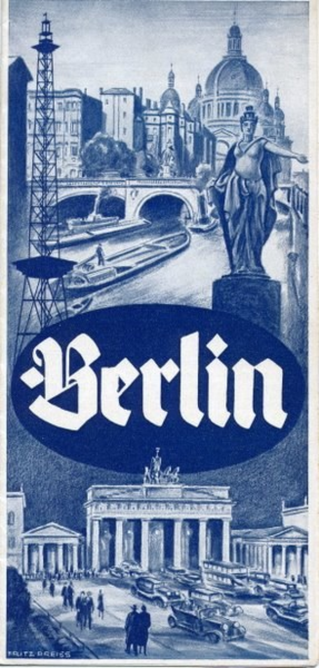 Plakat, das Berlin, Deutschland bewirbt, zeigt eine Statue, Gebäude, einen Turm, Menschen, Fahrzeuge auf der Straße und eine Brücke, mit Text, der Informationen über die Stadt enthält.