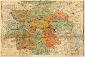 Ein altes Stadtplan von Berlin, Deutschland, mit verschiedenen Farben, die verschiedene Bezirke darstellen, auf Papier gedruckt.