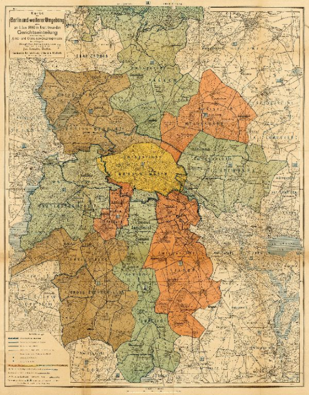 Ein altes Stadtplan von Berlin, Deutschland, mit verschiedenen Farben, die verschiedene Bezirke darstellen, auf Papier gedruckt.