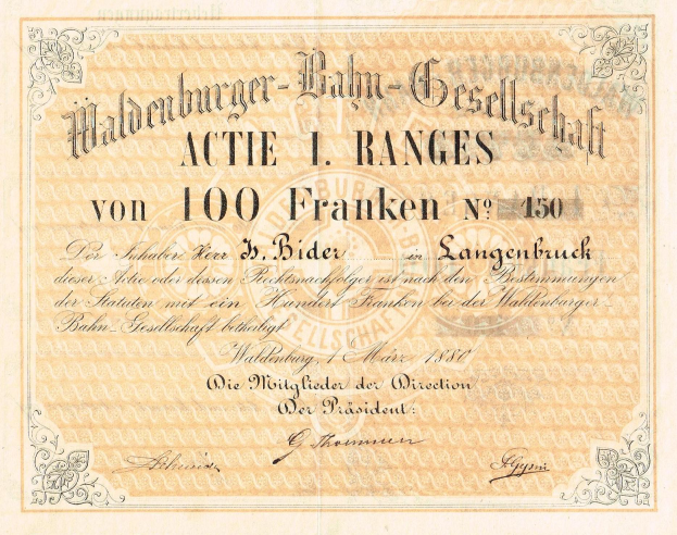 Ein altes deutsches Banknote mit dem Porträt eines Mannes und dem Text "Haldenburger-Balm Gesellschaft Actie 1 Ranges".
