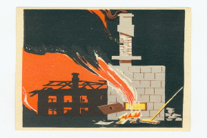 Ein Plakat, das ein baufälliges Gebäude zeigt, das von hellorangen und -gelben Flammen umgeben ist, mit Rauch, der nach oben steigt, vor einem weißen Hintergrund.