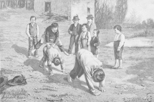 Schwarz-weißes Bild von Kindern auf einem Feld, mit zwei Jungen, die in der Mitte kämpfen, während die anderen zusehen; ein Hut und Text erscheinen links.