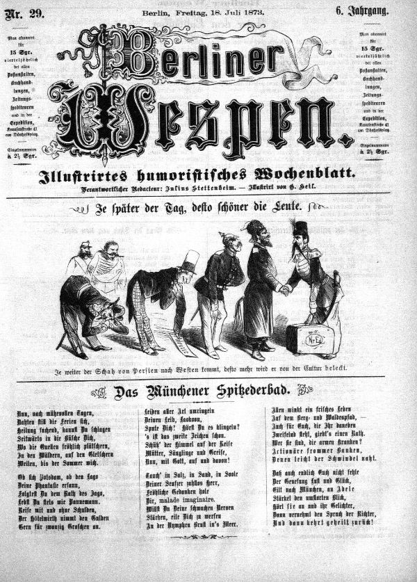 Eine alte Zeitung mit einer Karikatur eines Mannes mit Zylinder und einer Frau in einem Kleid, beide scheinen besorgt zu sein, datiert auf den 18. Juli 1873.