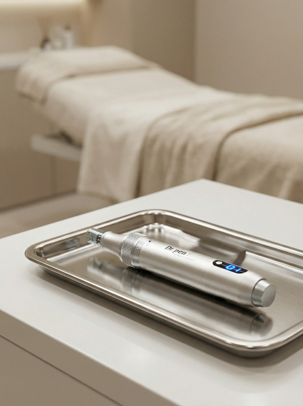 Ein modernes Microneedling-Gerät auf einem sterilen Tablett in einem Kosmetikstudio.