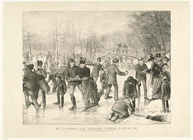 Eine Gruppe von Menschen, die auf einer Eisbahn in einem Park Schlittschuh läuft, mit Bäumen und einer Brücke im Hintergrund und Text unten, der 'Het us-vermaak in het vondelpark op zondag 10 januari 1887' lautet.