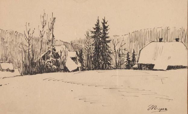 Eine Zeichnung einer verschneiten Landschaft mit einem Haus im Vordergrund, umgeben von Bäumen und Bergen im Hintergrund, mit dem Text "M. Ryas - Winterlandschaft" unten.