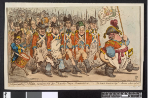 Eine Gruppe von Männern in Militäruniformen marschiert auf einer Straße, einer hält einen Stock, mit Text unten: "Zusätzliche Miliz, zum 20-tägigen Vergnügen antretend."