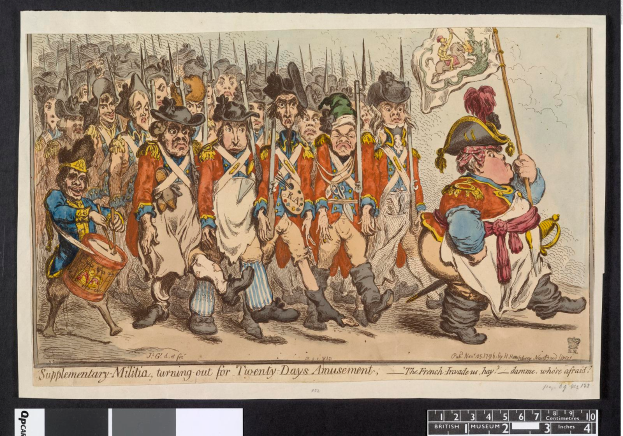 Eine Gruppe von Männern in Militäruniformen marschiert auf einer Straße, einer hält einen Stock, mit Text unten: "Zusätzliche Miliz, zum 20-tägigen Vergnügen antretend."