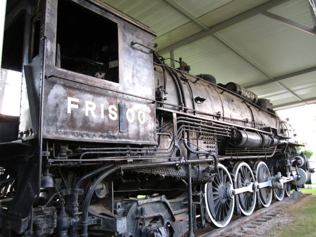 Ein Zug ist in der Mitte des Bildes zu sehen, darunter Gras und Eisenbahnschienen und darüber eine Decke mit Pfosten.