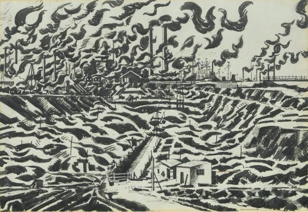 Eine Schwarz-Weiß-Zeichnung einer Fabrik mit Rauch, der aus ihrem Schornstein quillt, umgeben von Häusern und Pfählen, mit dem Text "Gustav Klimt, Die Fabrik" unten.