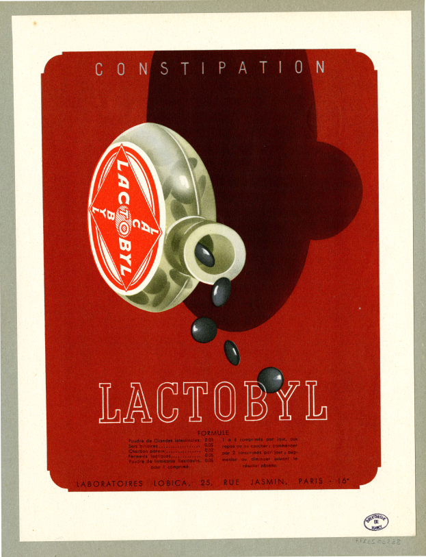 Ein rotes Plakat mit einer Flasche Lactobyl und einer beschrifteten Textbeschriftung.